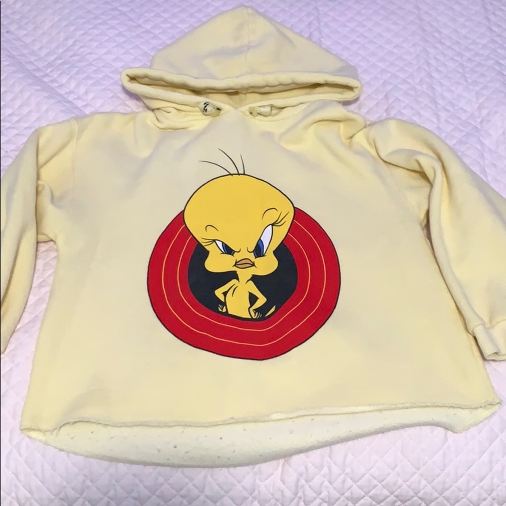 yellow cropped tweedy hoodie,